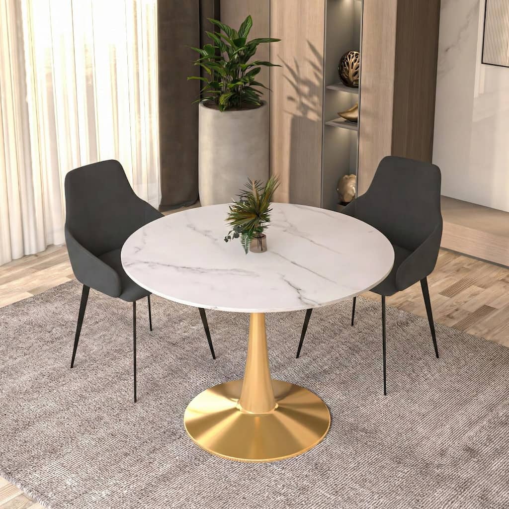 Bristol 40" Modern Round Dining Table with Accent Gold Steel Pedestal Base, Scratch-Resistant and Easy-Care