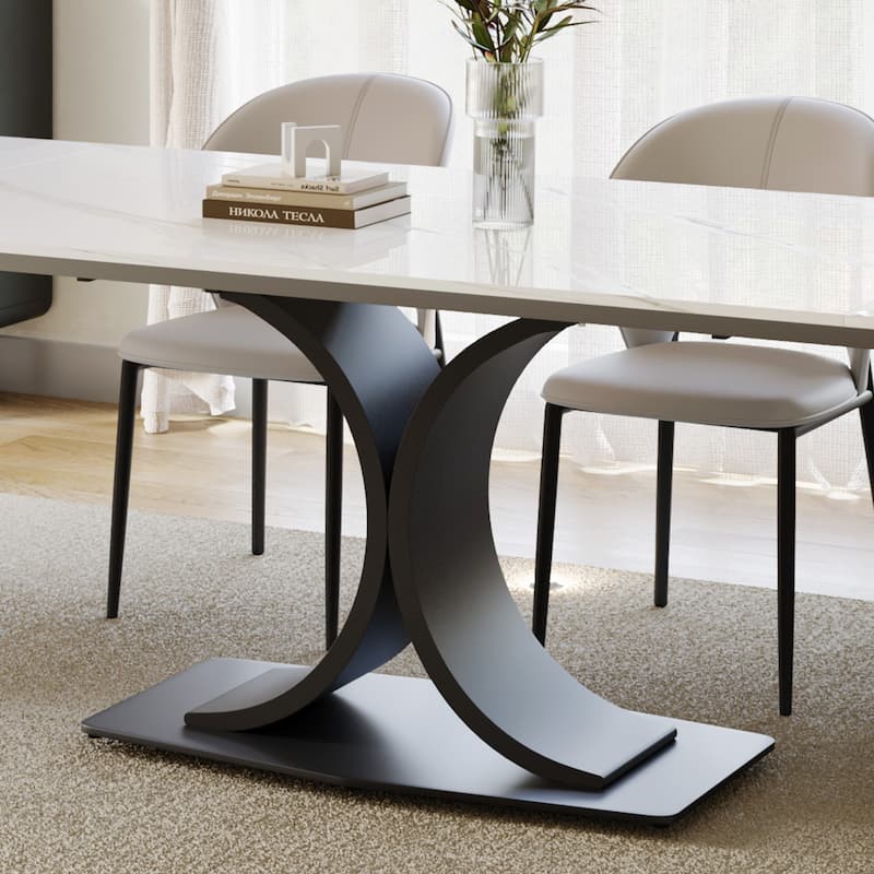 63"-94"Modern Extendable Dining Table for 6-10, Glossy White Kitchen Table with Black Carbon Steel Legs