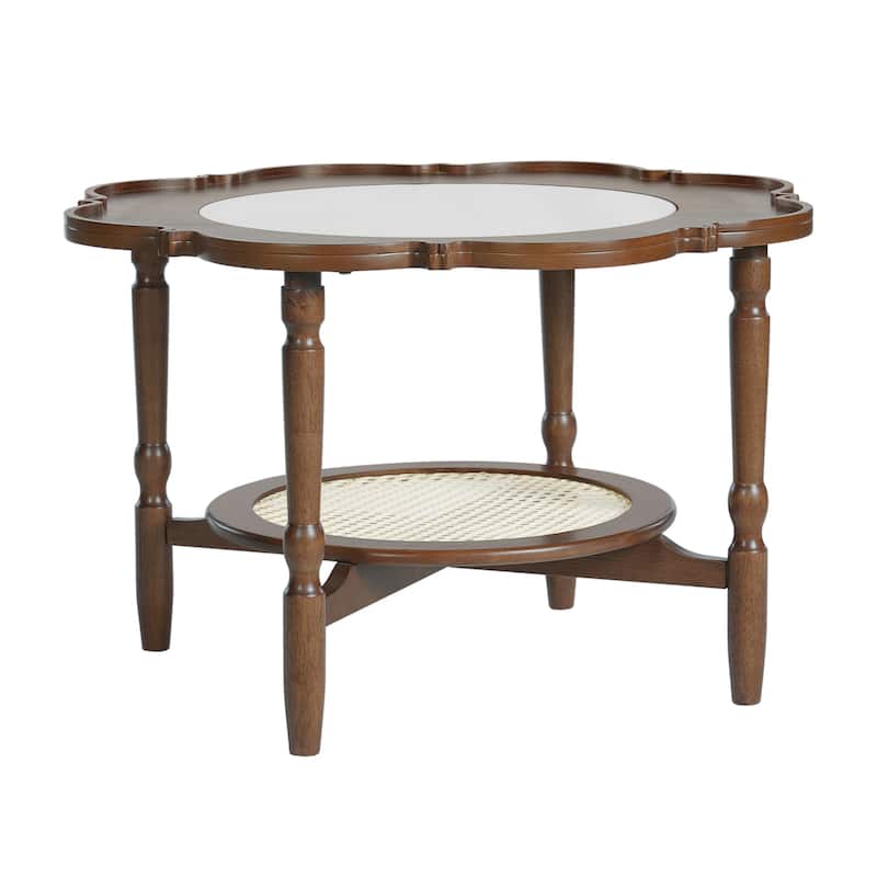 Mid-Century Style 2-Tier Coffee Table with Petal-Shaped White Crackle Pattern Glass