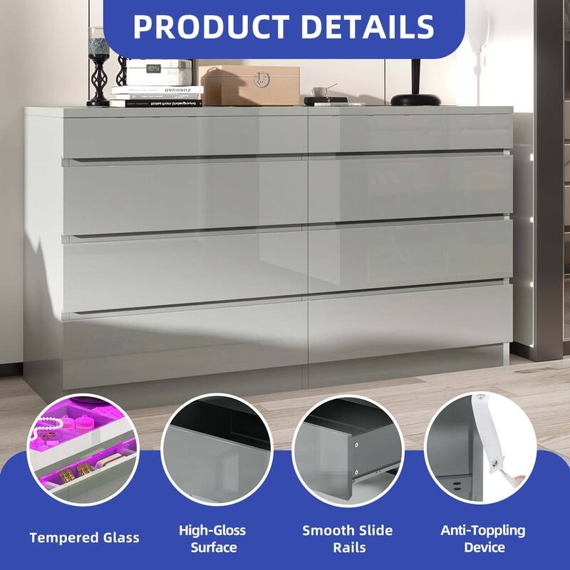 Moasis 8 Drawer Dresser with RGB Light,High Gloss Horizontal Storage Dresser