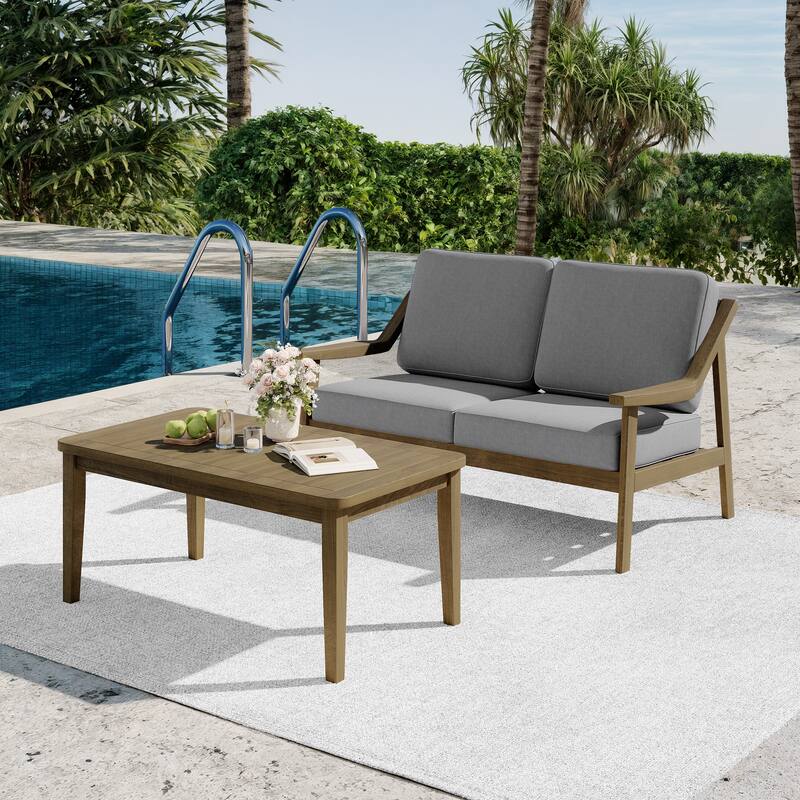 2-piece Brown/ Black Teak Cushioned Patio Loveseat Set with Coffee Table - BrownFrame-Grey