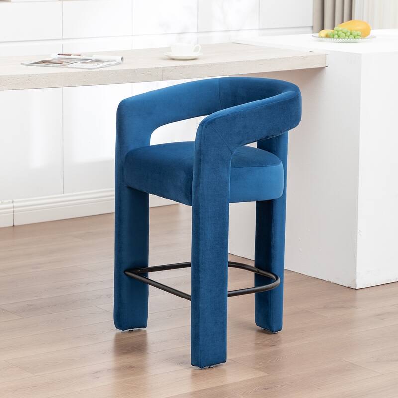 SEYNAR Modern Velvet 34.6''H Fixed Height Open-Back Bar Stool with Metal Footrest