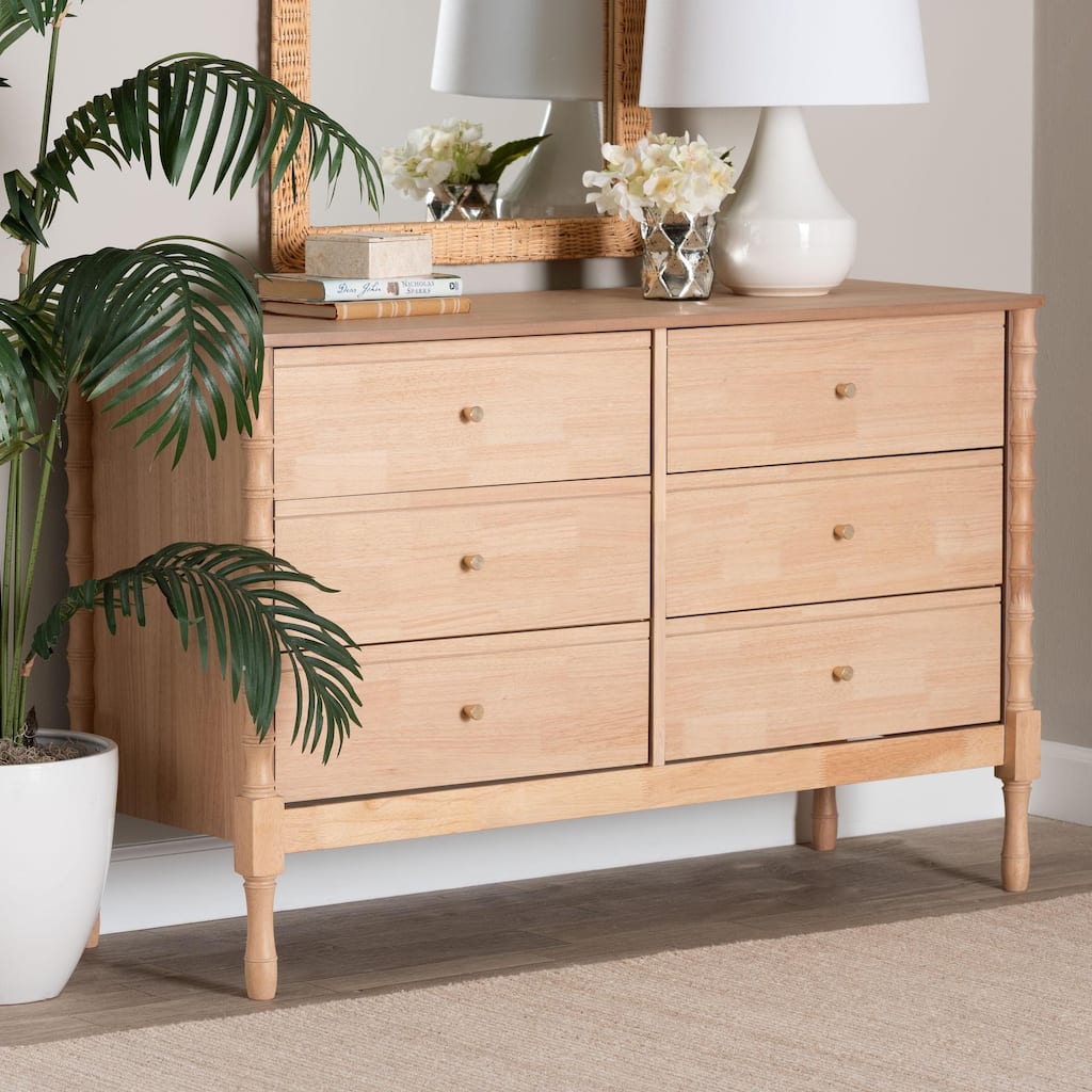 Laurent Dresser - 6-Drawer Bedroom Organizer with Bamboo-Style Turned Legs, Cottage Farmhouse Storage Cabinet for Clothing