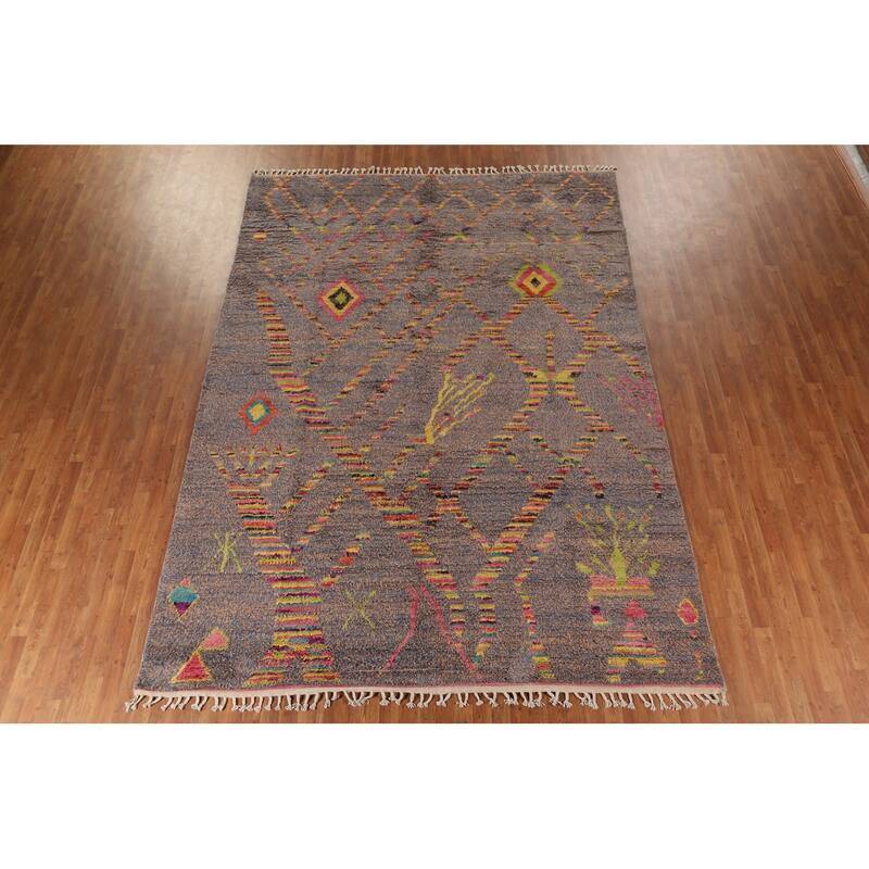 Blue & Brown Plush Moroccan Oriental Area Rug Handmade Wool Carpet - 8'9"x 12'6"