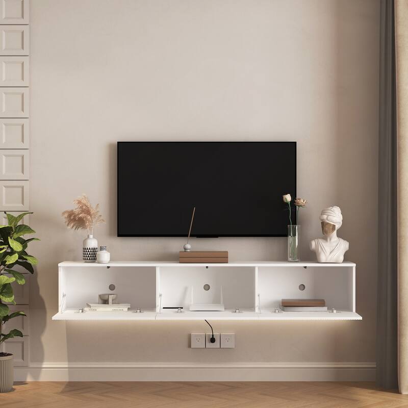 Floating TV Stand Wall Mounted with 16 Color LEDs - White