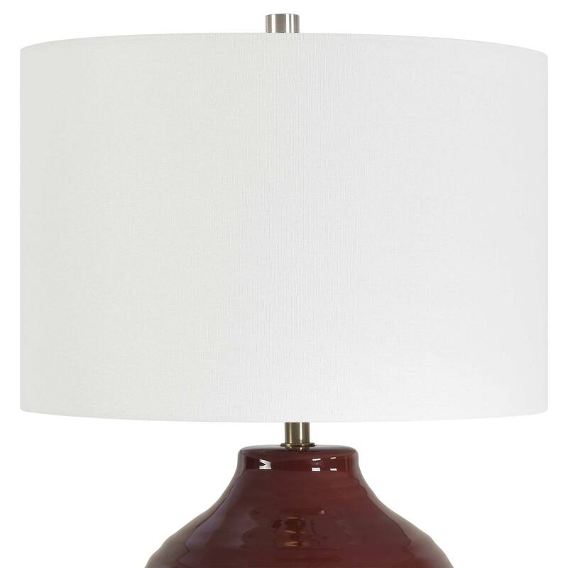 Table Lamp, Round Linen Shade, Ruby Red Textured Round Ceramic, 23 Inch