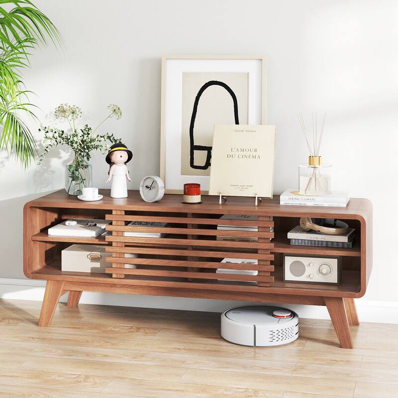 Gymax TV Stand w/Sliding Door Adjustable Shelves & Rubber Wood Legs