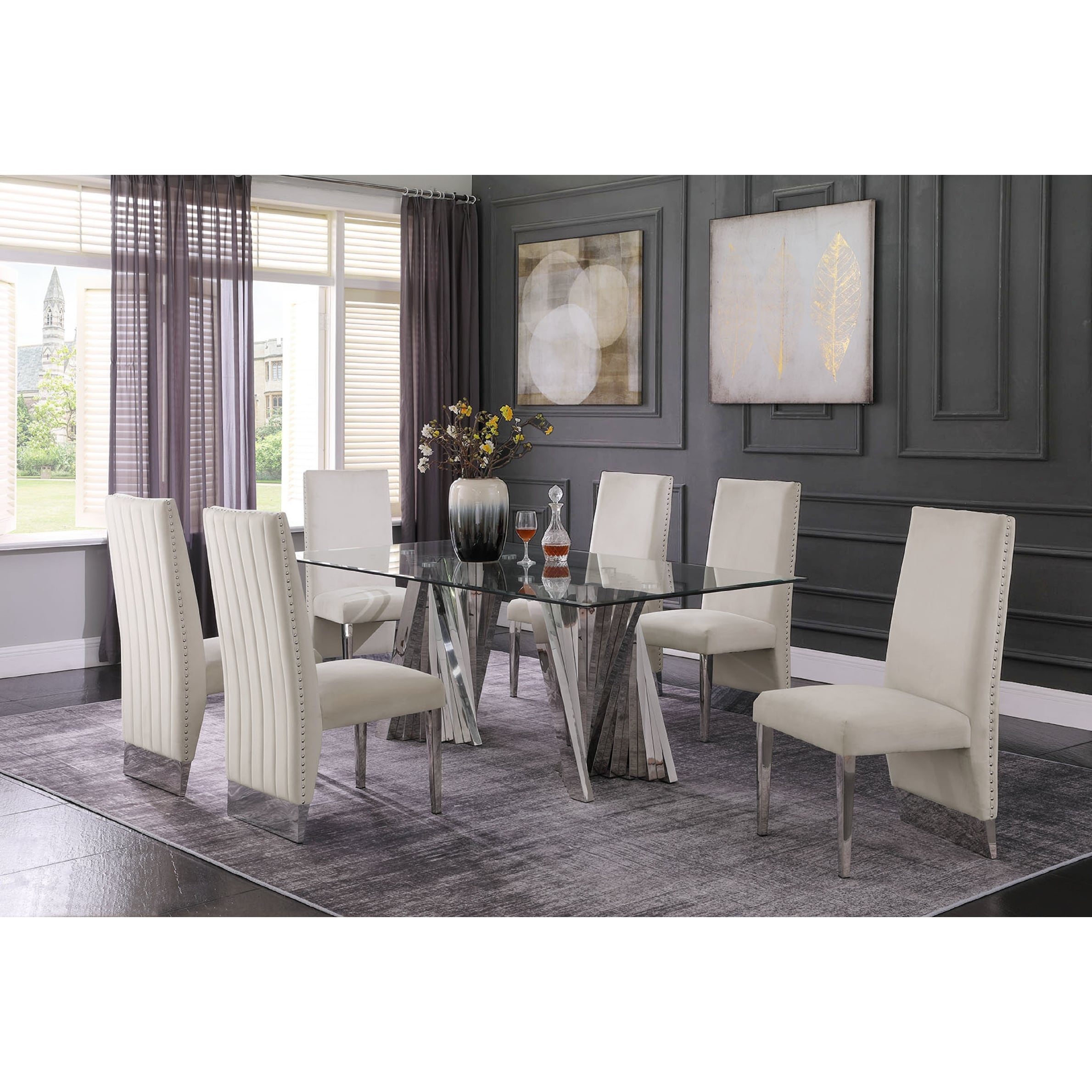 Best Quality Furniture Modern 7pc Dining Set with Pleated Chairs