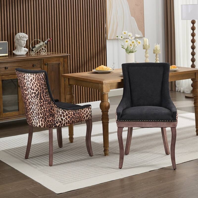 Ultra Side Dining Chairs (Set of 2) - Mid-Century Modern Fabric Upholstery with Solid Wood Legs - Leopard