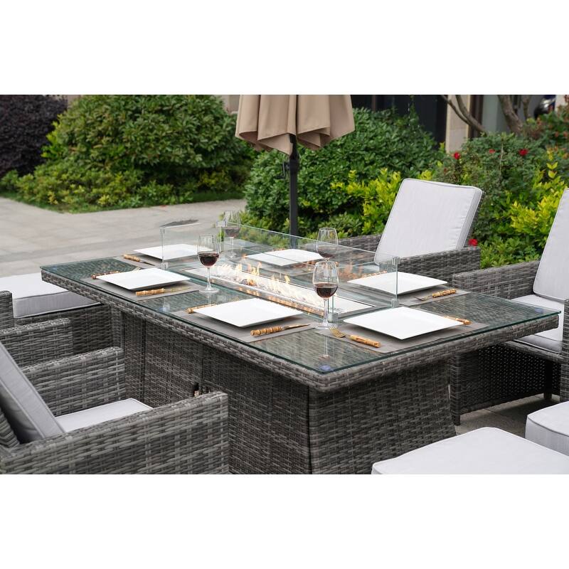 9-Piece Patio Wicker Rectangle Firepit Table with Chairs and Ottomans