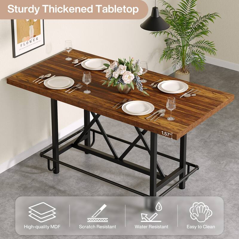 63" Long Wood Dining Table for 4-6 People, Farmhouse Dinner Table with Thick Tabletop, Kitchen Table with Footrest