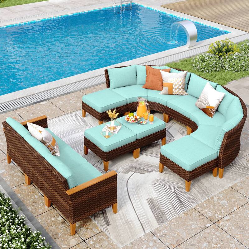 12-Seat Outdoor Wicker Half-Round Furniture Set, Half-Moon Sectional Sofa All Weather Curved Conversation Set - 12-Seat - Type Q