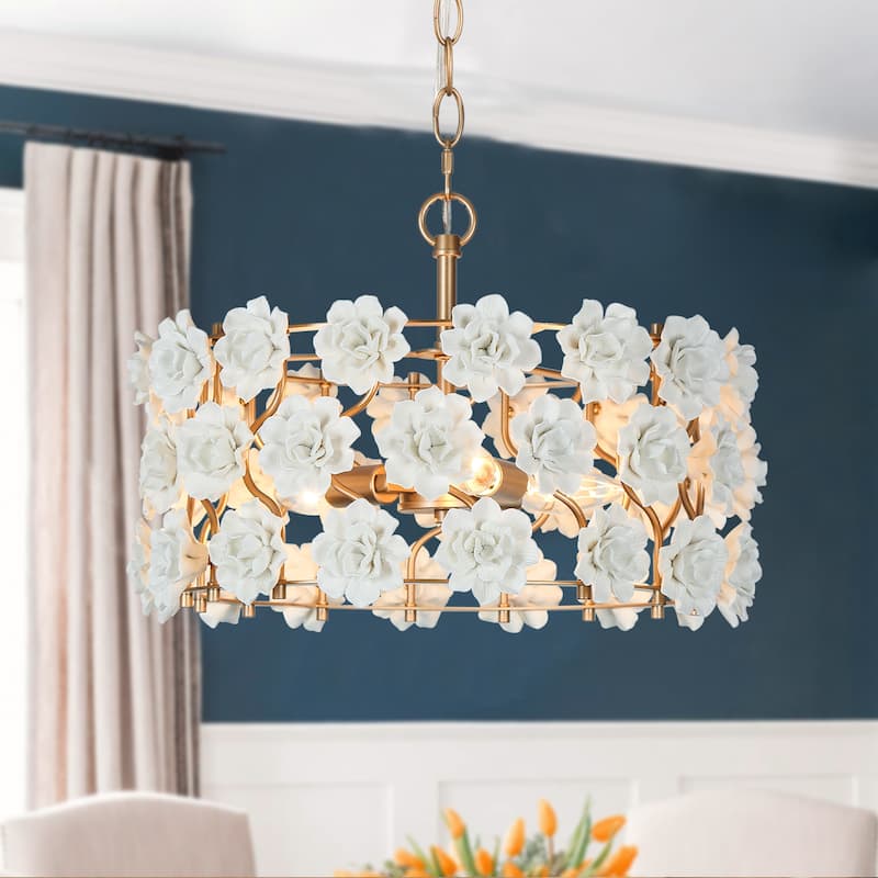 Veitchii Modern Farmhouse Drum Chandelier French Country 3-light Handmade Ceramic Flower - D16" x H 72"