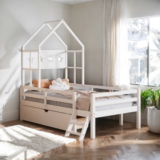 House Play DIY Platform Bed with Guardrail and Drawer for Kids