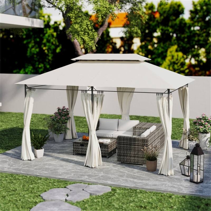 Large Metal Deck Gazebo with Two-Tier Roof and Removable Curtains Water-Drain Design for 12-Person