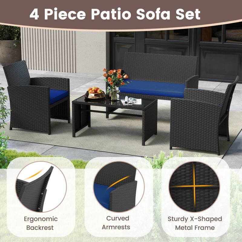 Costway 4 PCS Patio Conversation Set with Seat Cushions & Tempered - See Details