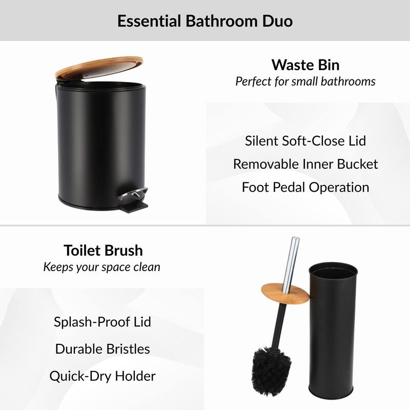 Bathroom Set with Bamboo Lid - Matte Metal Trash Can and Toilet Brush - 15.6" H x 11" L x 11" W
