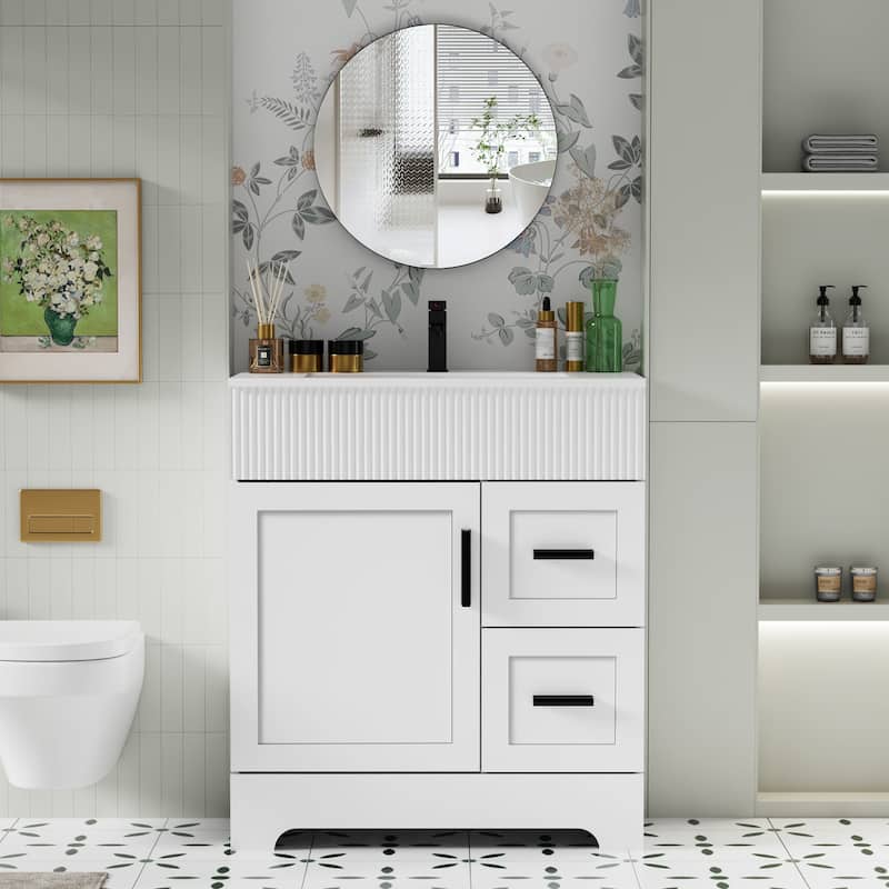 30"/36"/48" Single Bathroom Vanity Set with Drop in Sink Top with Wave Lines - White - 30"