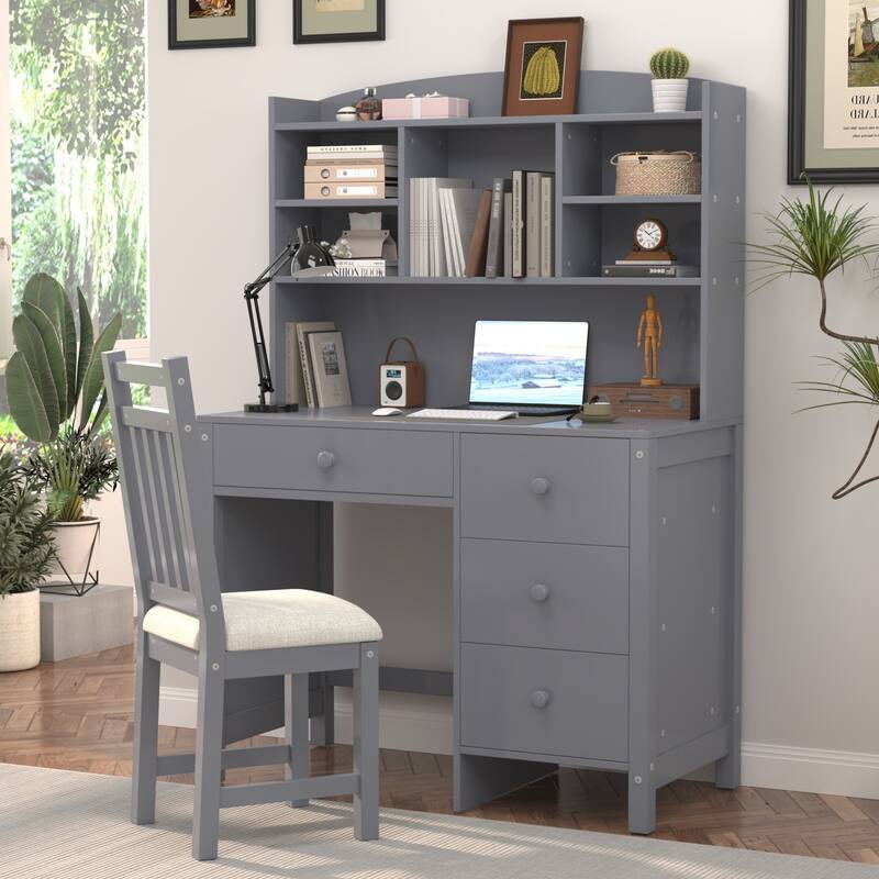 40" Vintage Home Set with Executive Desk and Upholstered Chair, 4 Drawers - Grey