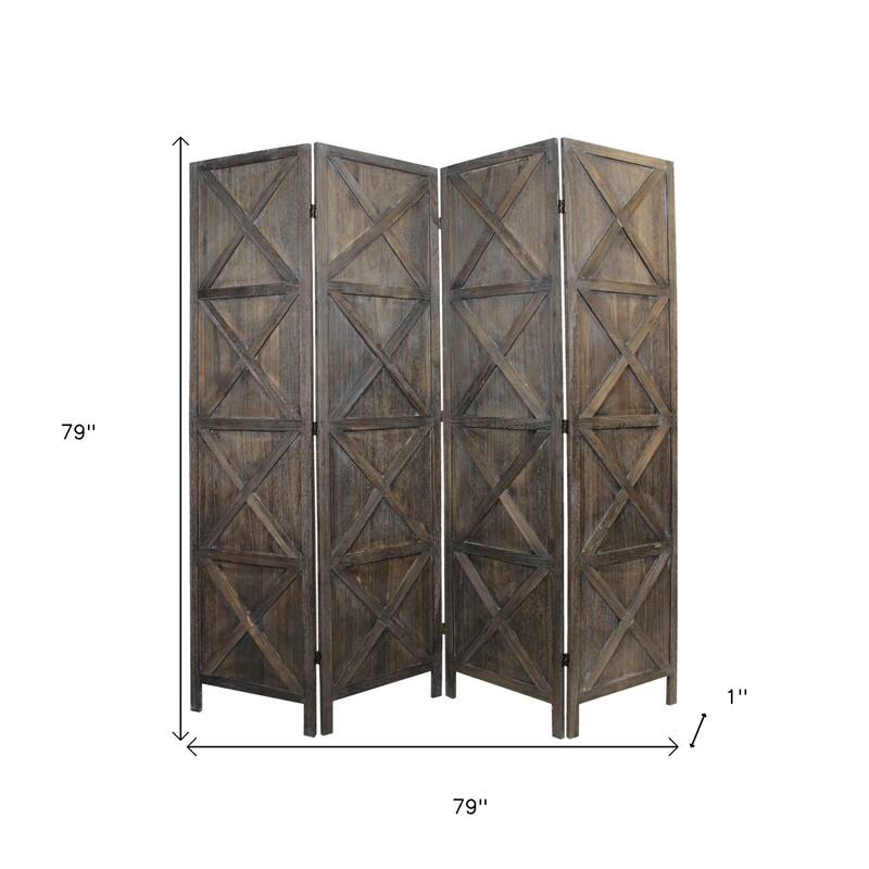 HomeRoots 79" Brown Solid Wood Folding Four Panel Screen Room Divider - 79' X '79' X '1