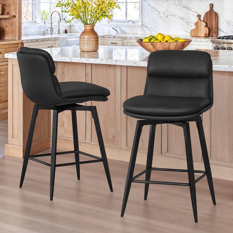 Upholstered Faux Leather Bar Stools with Back and Metal Legs Set of 2/3/4, 26" H Seat Height, 360° Swivel Bar Stools Brown - Black - Set of 2