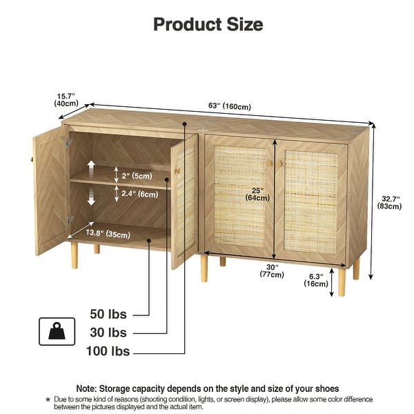 Anmytek Modern 63" W 4-Door Large Sideboard Buffet Rattan Kitchen Storage Cabinet with Adjustable Shelves