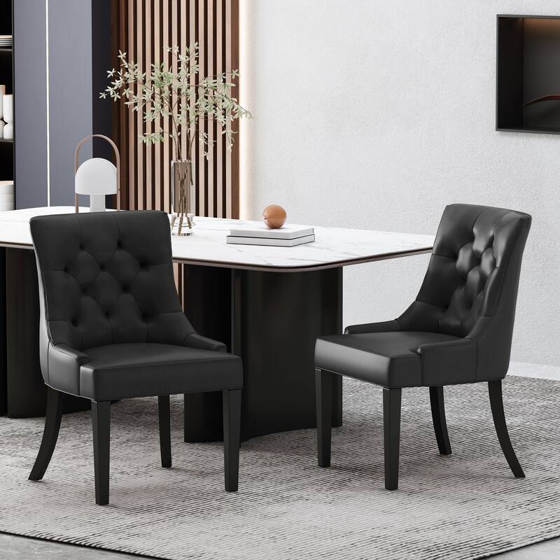 Dining Chairs Set of 2, Tufted Faux Leather Dining Room Chairs with Wood Legs, High-Backed Upholstered Chairs for Kitchen