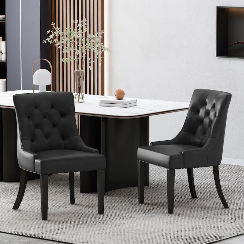 Set of 2 PU-Leather Upholstered Dining Chair with Tapered Legs - Black
