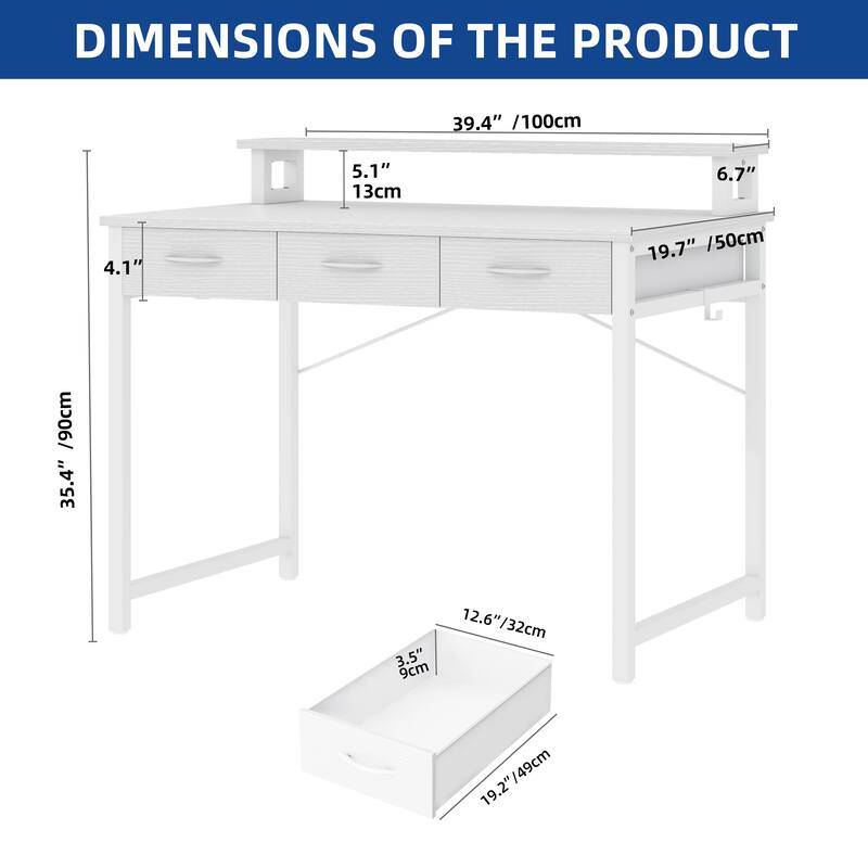 Moasis 31"/39" Small Computer Desk with Fabric Drawers and Monitor Stand for Home Office