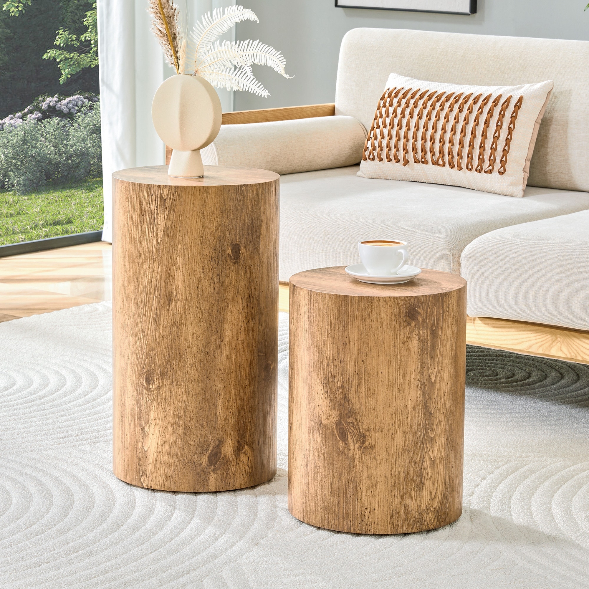Roomfitters Set of 2 Cylindrical Coffee Tables, Nesting Side Tables & Multi Size Round End Tables for Living Room, Natural