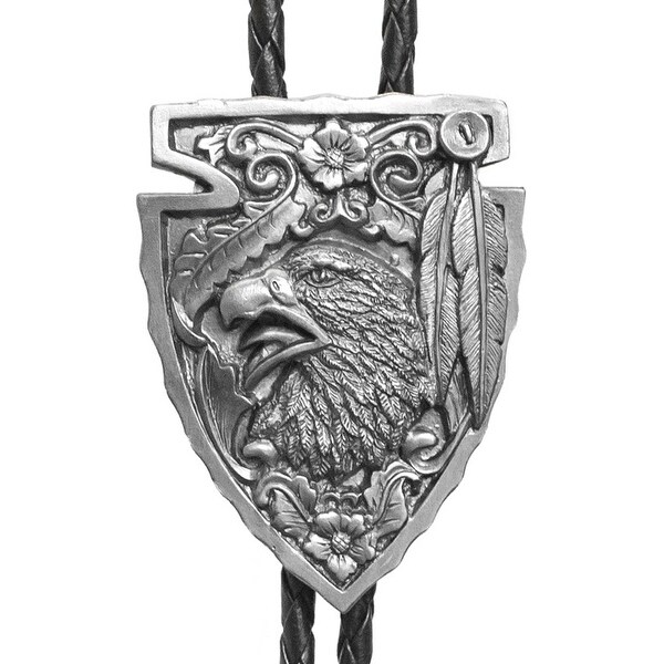 18 inch hang Mens Western Bolo Tie Turquoise Eagle with Black Leatherette