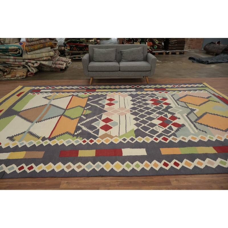 Hand Woven Oriental 100% Wool Carpet Southwestern Tribal Multi-Colored Kilim Area Rug - 14' 2'' X 9' 9''