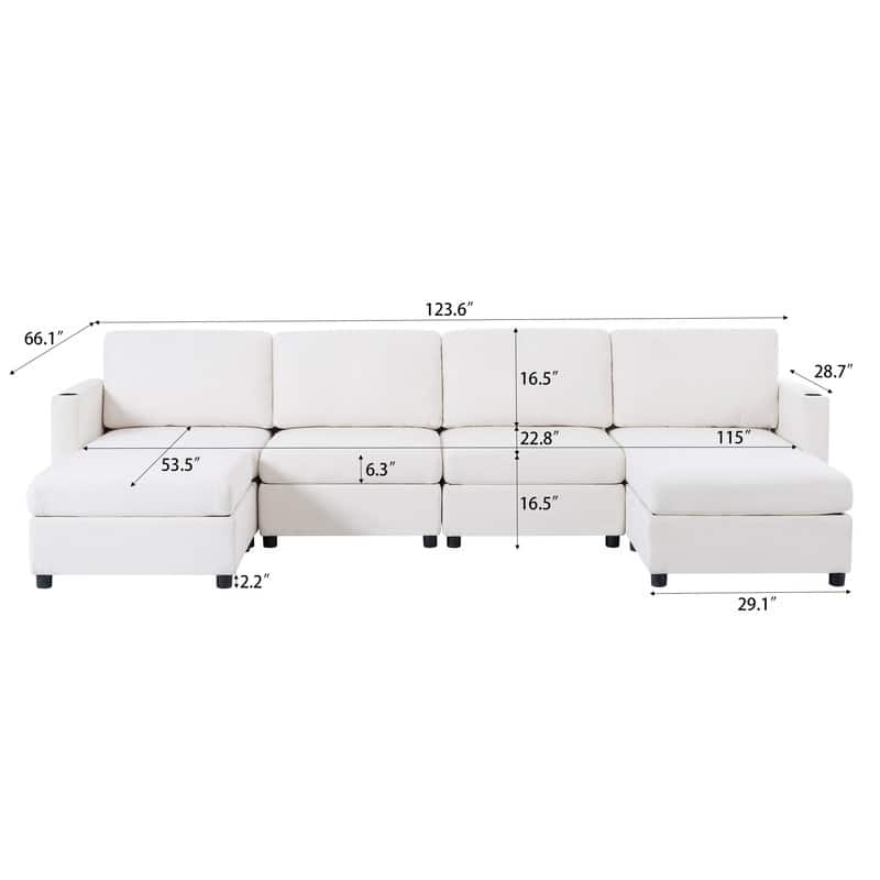 Modern U-Shape 6-Seater Sectional Sofa Bed with Storage Ottomans, Chenille Fabric