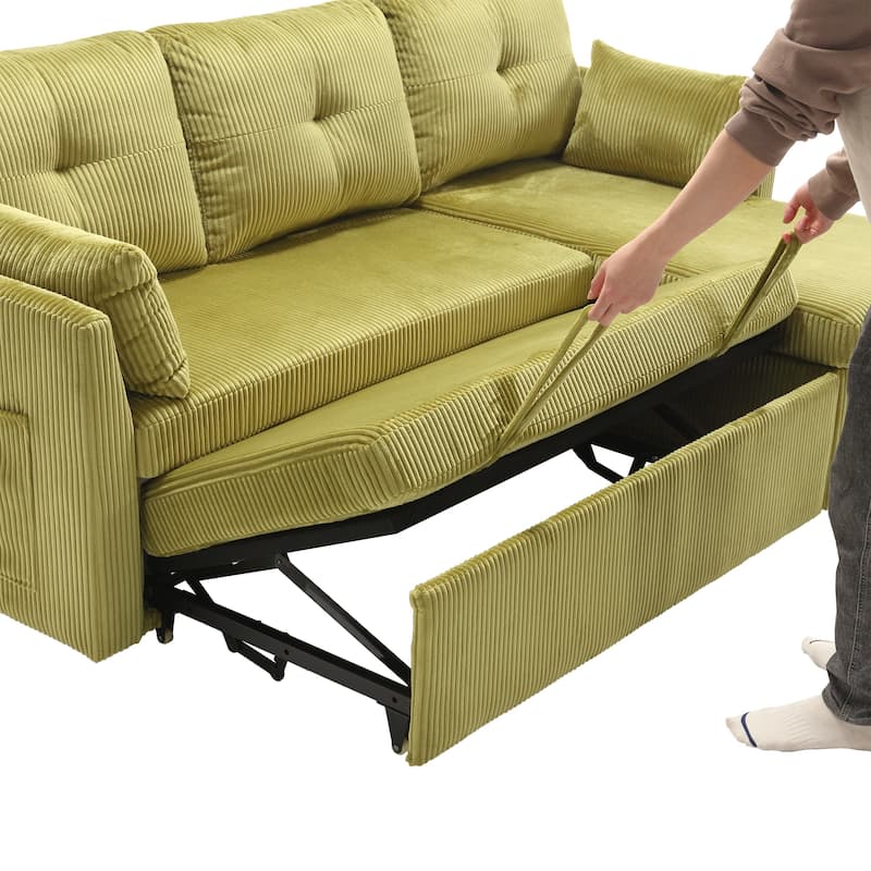 Green 81.1'' Corduroy L-Shaped 3 Seat Sofa Couch, with Reversible Chaise, Storage Seats, Solid Wood Frame