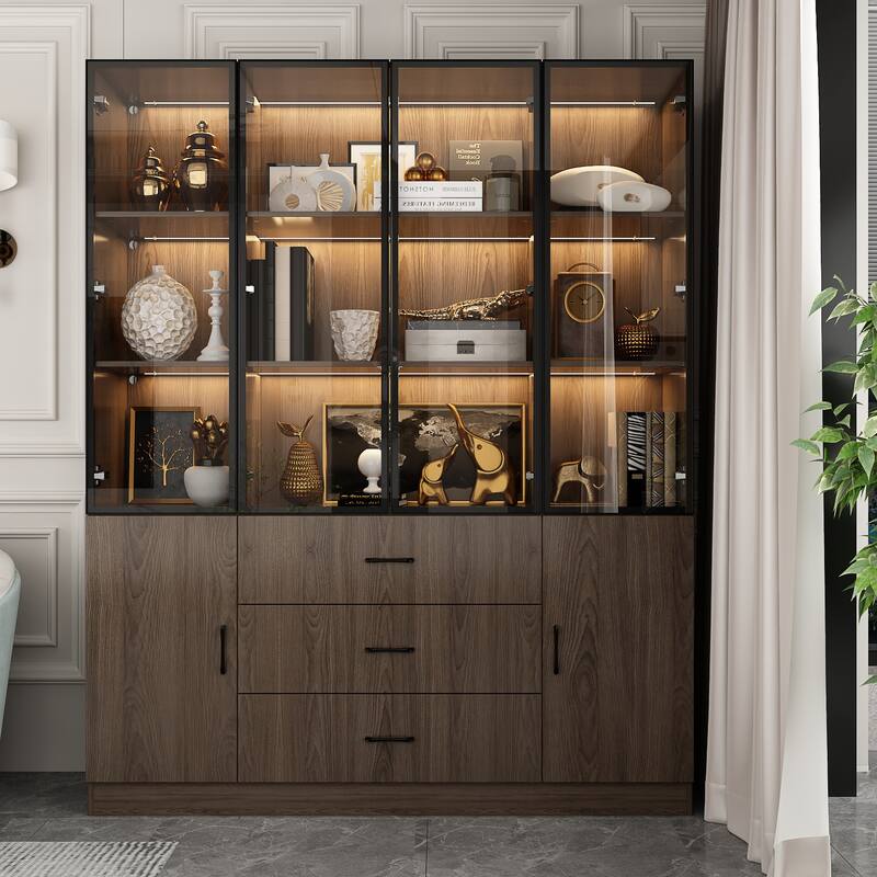 LED-Lit Wood Grain Cabinet - Configurable Storage for Home or Office
