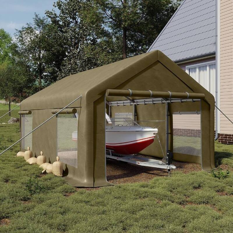 12x20 Ft Carport with Roll-Up Doors and 4 Windows for Bass Boats, Tractors, and SUVs - 12X20 Ft - Kahki