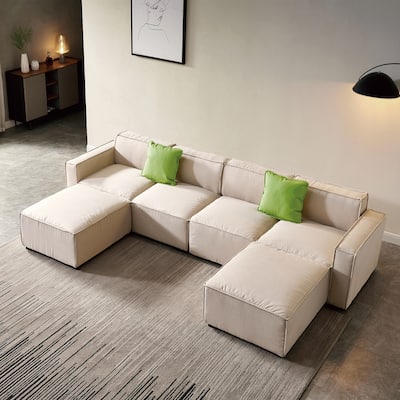 U Shape Modular Sectional Sofa with Reversible Ottoman & 2 Pillows