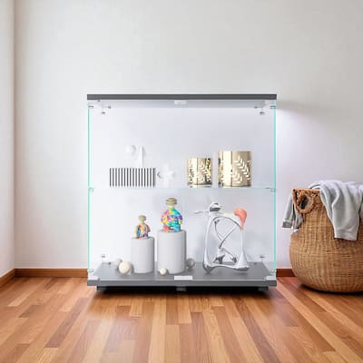 2-Tier Glass Display Cabinet with Double Doors and Lock, Tempered Glass Showcase with MDF Base