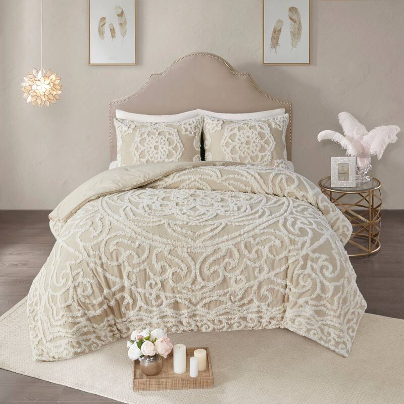 GDF Studio - Tufted Cotton Chenille Medallion Comforter Set - Taupe