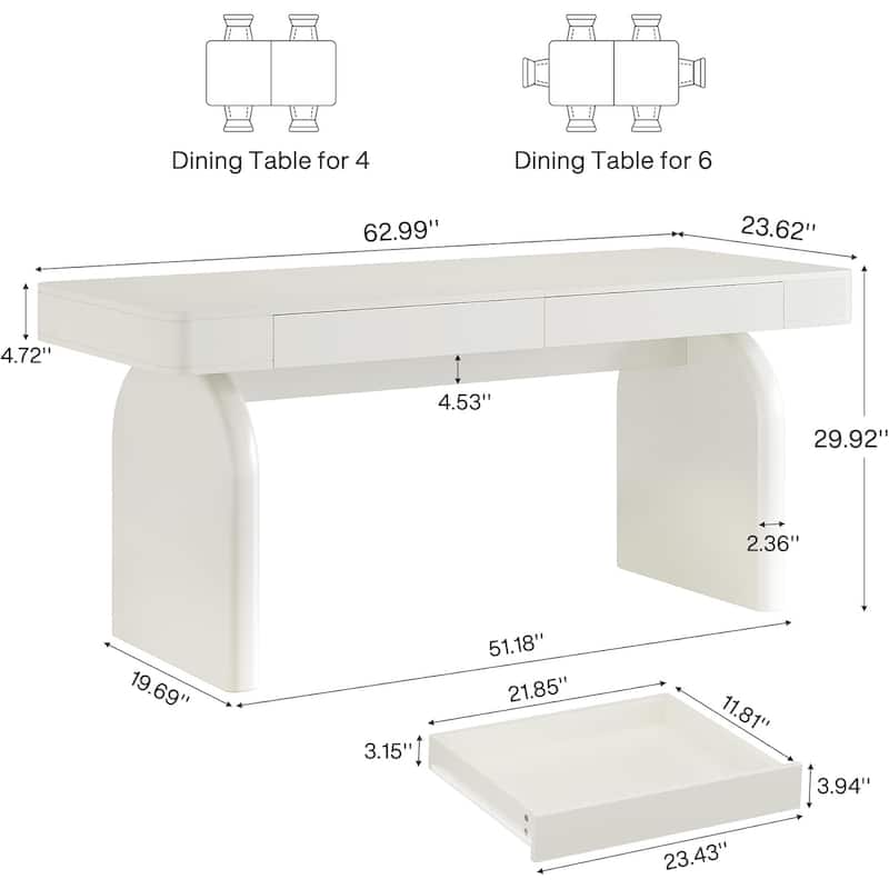 63-Inch Modern Dining Table with 2 Storage Drawers, Rectangular White Glossy Kitchen Table