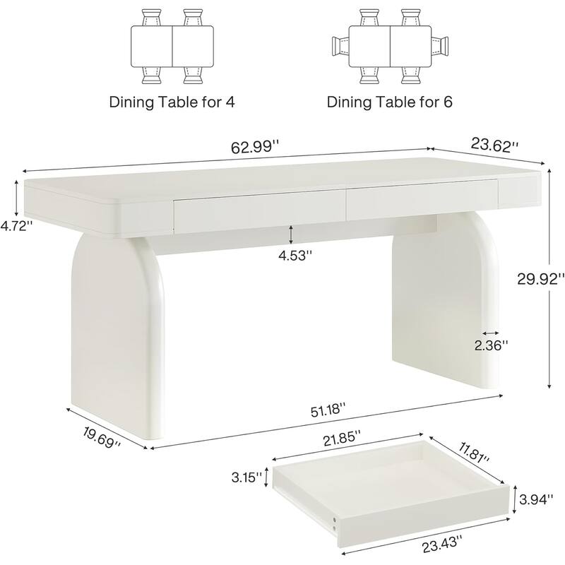 63-Inch White Dining Table with 2 Storage Drawers, Modern Rectangular Glossy Kitchen Table