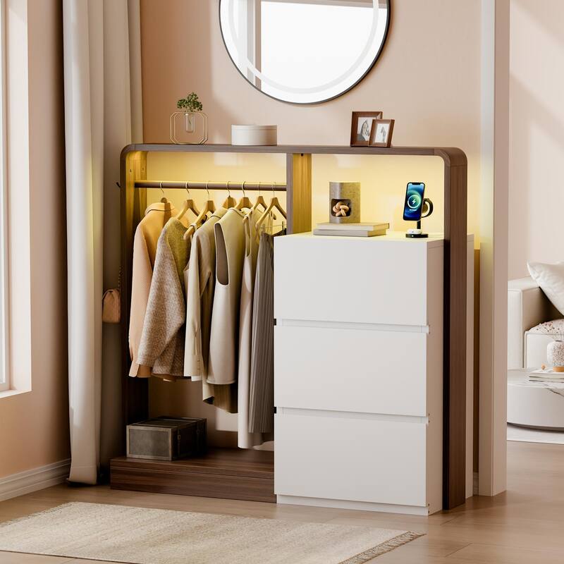 Dresser for Bedroom with Hanging Closet, 3 Drawers Dresser with LED Lights & Charging Station