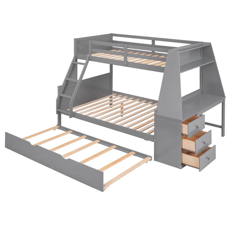 Twin Over Full Bunk Bed with Trundle, Built-in Desk, and Storage Drawers, Space-Saving Design