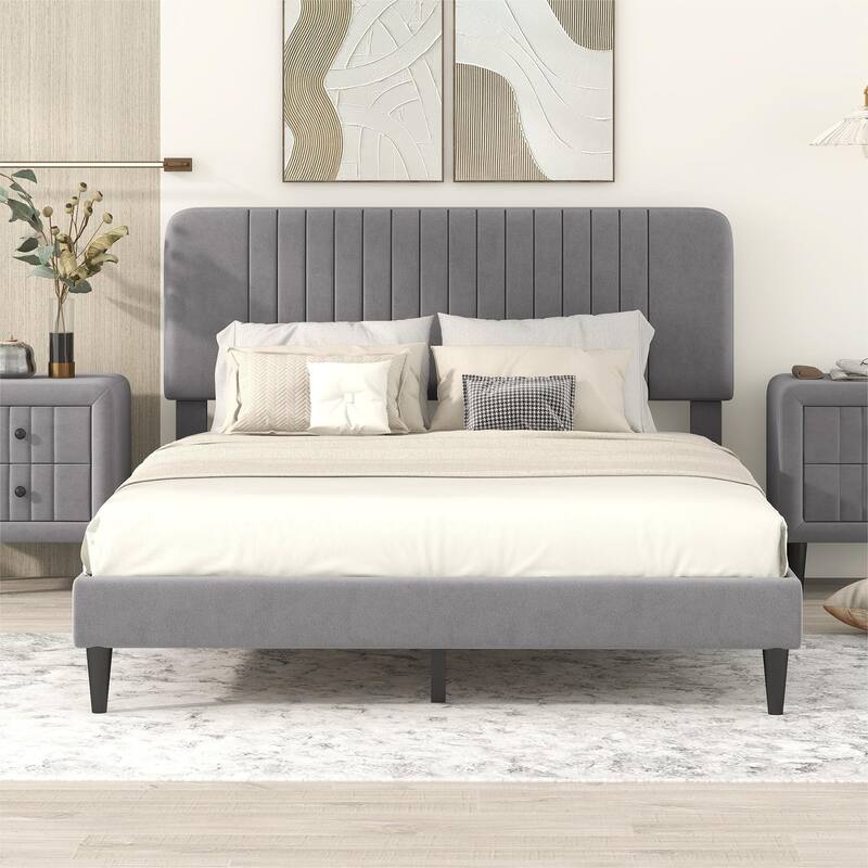 Queen Size Upholstered Platform Bed,No Box Spring Needed, Velvet Fabric