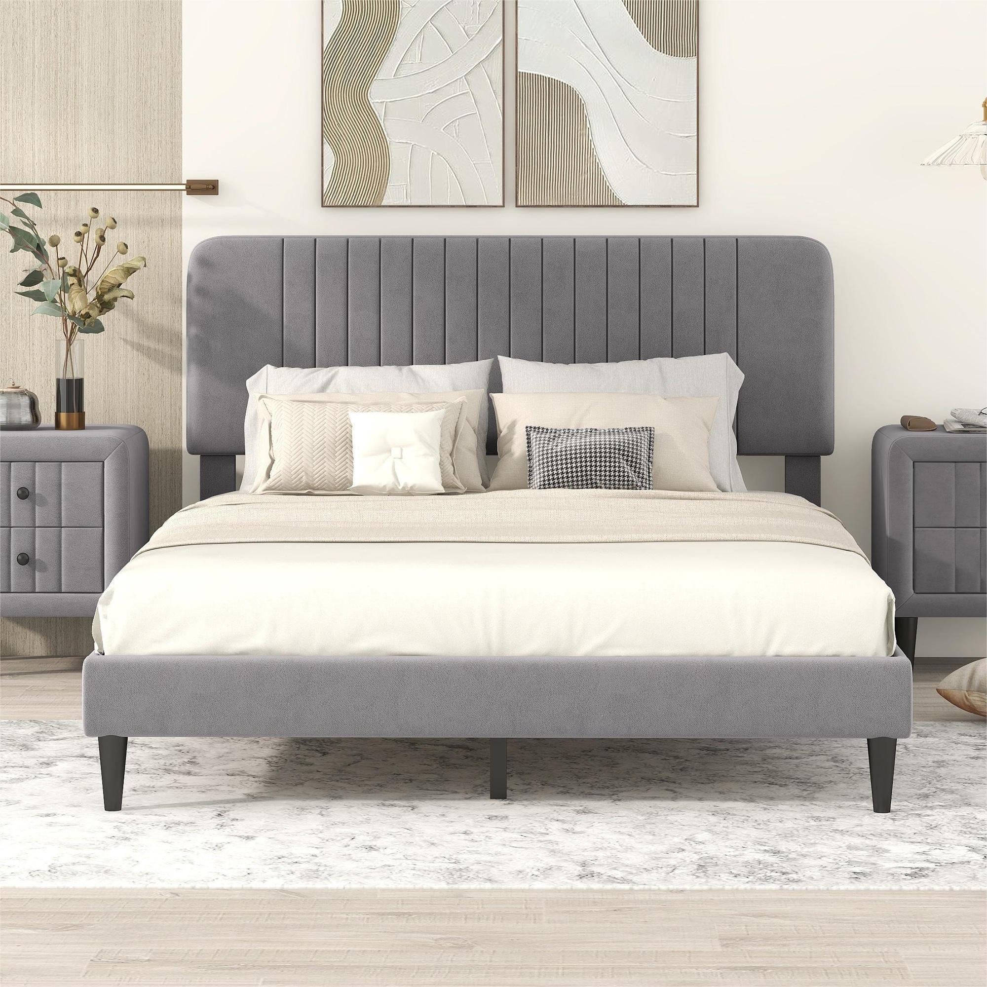 Queen Size Upholstered Platform Bed with Tufted Headboard, Box Spring Needed - Grey