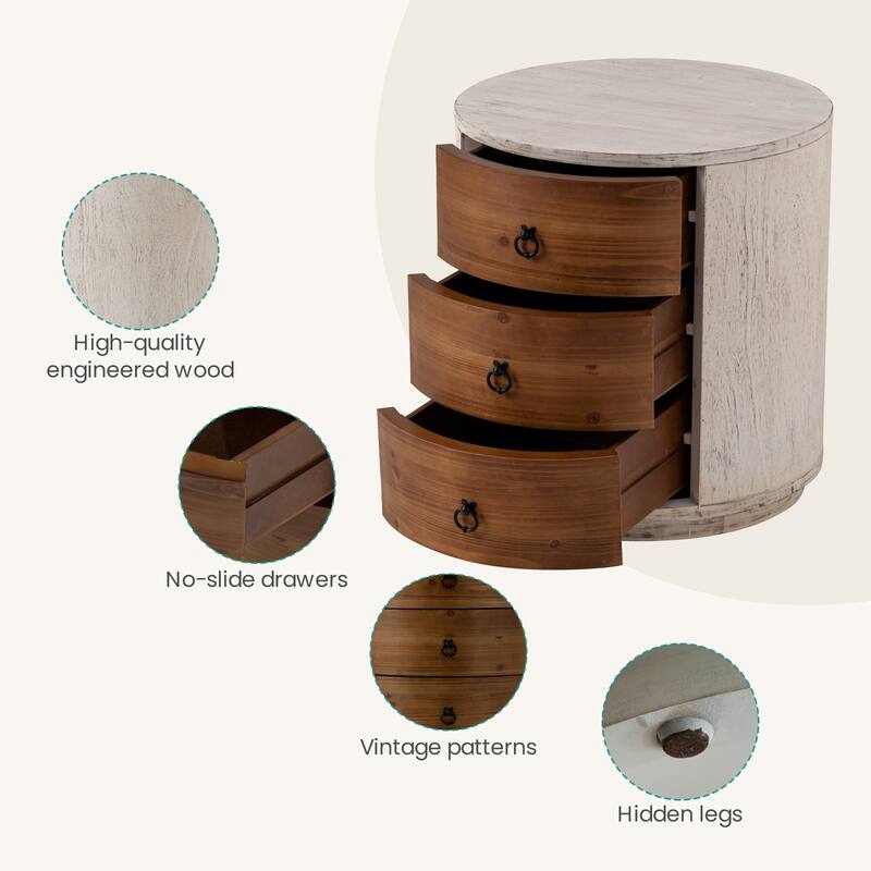 SUNBURY Round 3-Drawers Nightstand Accent Storage Cabinet