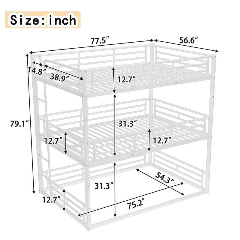 Full over Full over Full Bunk Bed, Metal Triple Bunk Bed with Safety Guardrails, Heavy-duty Bunk Bed with Noise-reduced Design