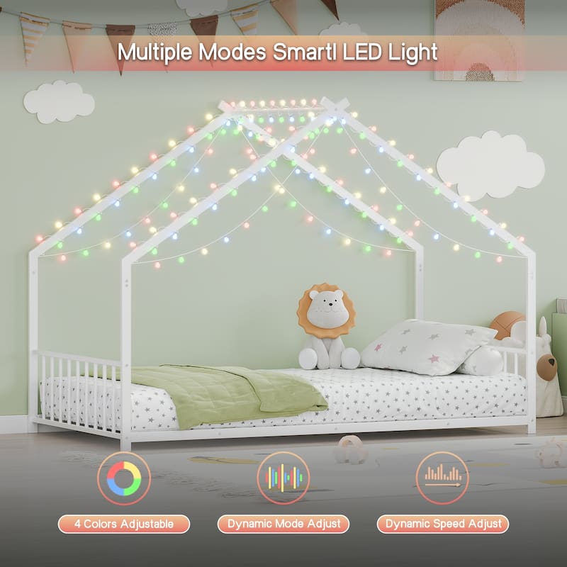 House-shaped Bed Frame, Toddler Kid Iron Floor Bed with House Roof Frame and LED Light Strips, House Daybed
