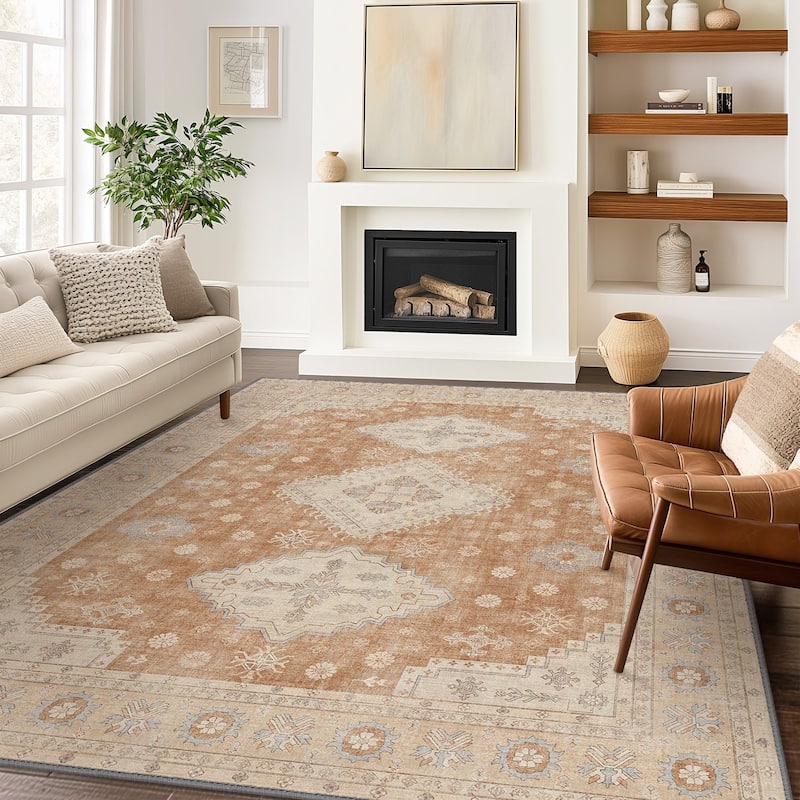 Mcow Sage Green Boho Pattern Ultra-Thin Low-Pile Washable Non-Slip Area Rug - 8' x 10' - Tan - Rectangle