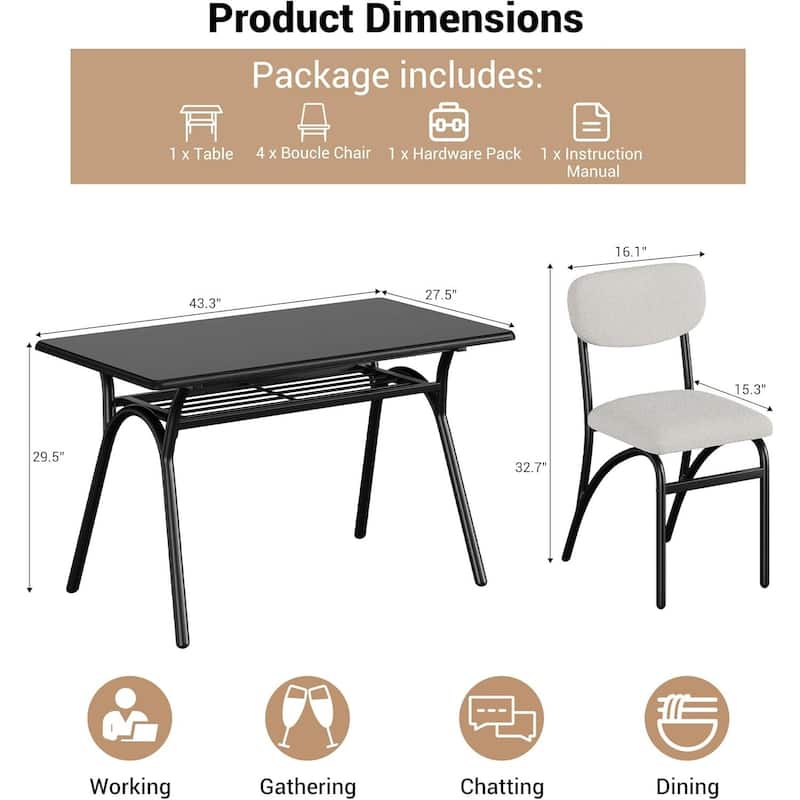 Dining Table Set for 4, with 4 Boucle Chairs and Storage Rack